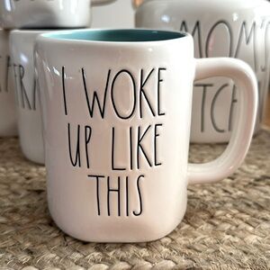 Rae Dunn coffee cup mug white used but in good condition I woke up like this.
